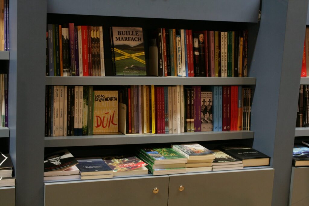 Bookshelves in independent bookshop 'An Ceathrú Póilí' in Belfast